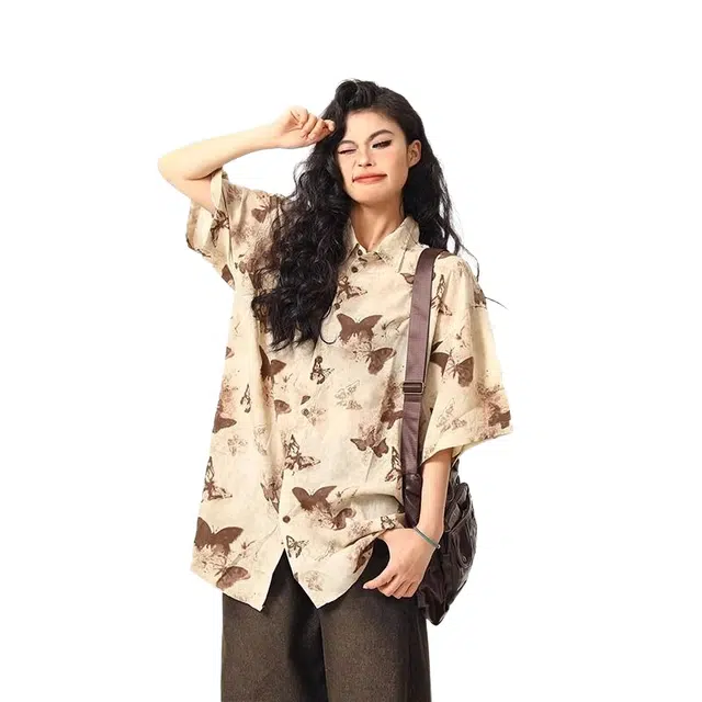 一碗士多 美式复古蝴蝶印花夏季短袖衬衫 男女同款