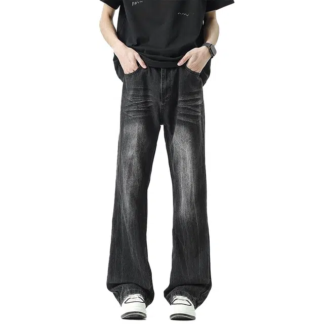 袋鼠 美式复古高街休闲百搭牛仔裤 男款 黑灰色