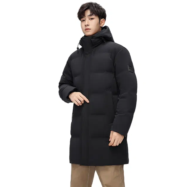 鸭鸭 纯色简约保暖防风抗寒户外加厚连帽中长款羽绒服 男款
