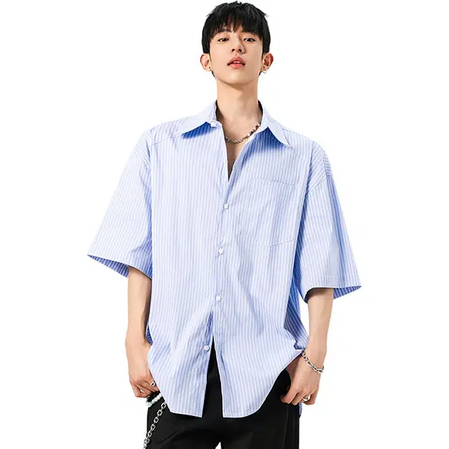 颂希尔 竖条纹慵懒宽松潮牌夏季短袖衬衫 男女同款