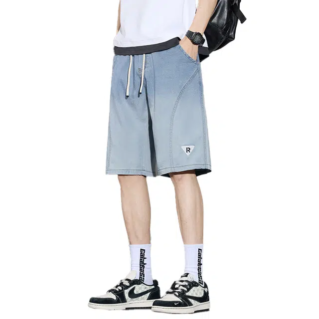 协协乐 渐变薄款宽松直筒五分中裤牛仔短裤 男款