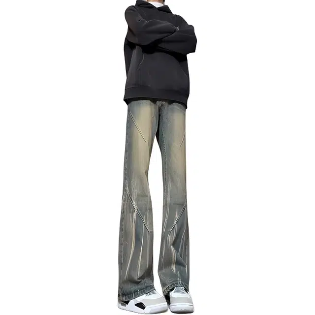 单爵 扎染复古夏季薄款分割线裤子高腰修身直筒微喇裤牛仔裤 男女同款