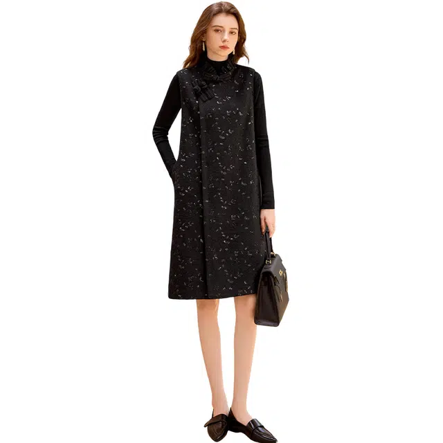 她池 设计感花边开衩无袖连衣裙 女款 黑色