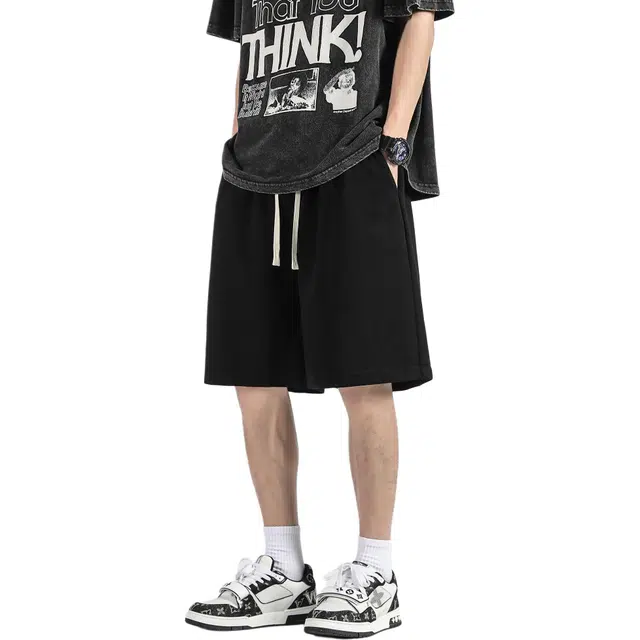 八哥 美式高街风纯色百搭五分裤垂感舒适透气宽松时尚潮流休闲短裤 男女同款