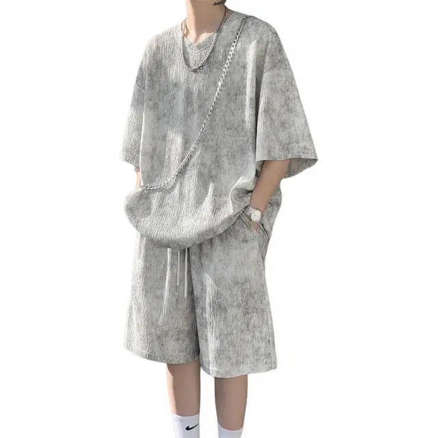 顶峰保罗 扎染冰丝肌理感宽松短袖短裤帅气搭配一套薄款透气潮牌设计感舒适休闲运动套装 男女同款