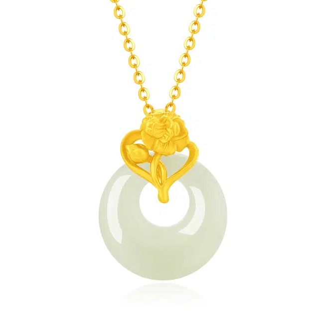 【高品质】 老凤祥 平安花漾 新中式优雅精致国风康乃馨平安扣 轻奢气质百搭锁骨链 精美礼盒#好运 项链 青白玉 女款