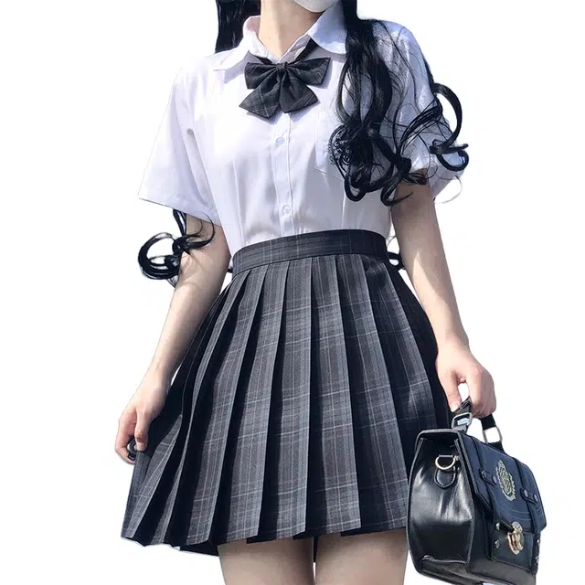 柏黛妃 学院风日系短袖上衣原创碳灰高腰短裙裙装套装 女款