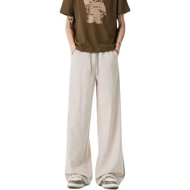 加荣 美式复古字母印花冰丝速干小众设计感夏季轻薄透气潮牌青少年户外出行百搭宽松抽绳松紧腰直筒阔腿裤长裤休闲裤 男女同款