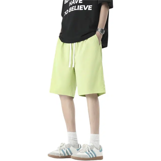 木林森 美式复古高街纯色系带简约百搭舒适透气休闲短裤 男女同款