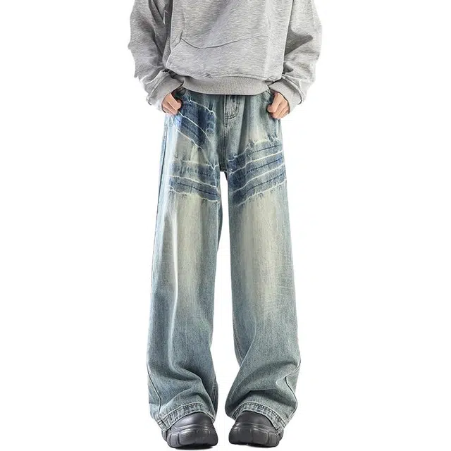 宝米卡 美式高街复古春季宽松阔腿裤休闲百搭牛仔裤 男女同款