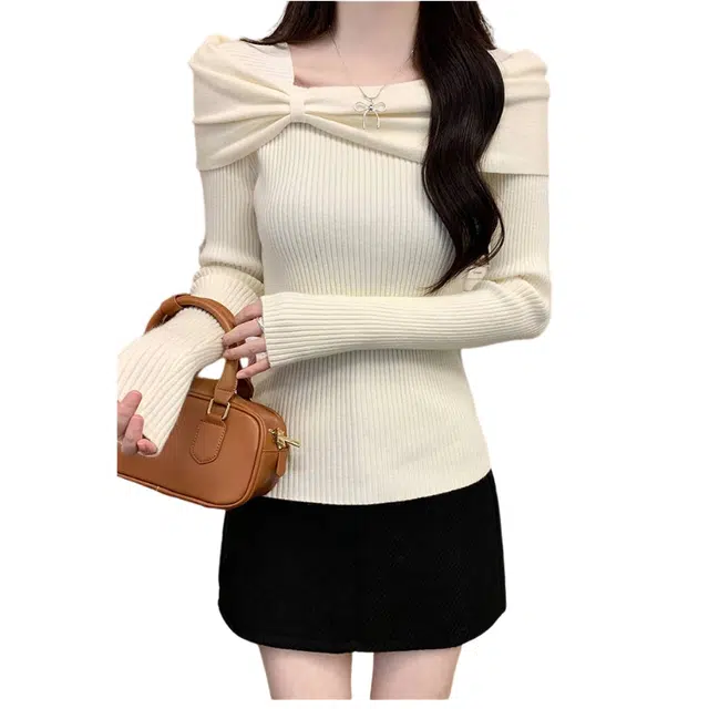 水中花 法式一字肩蝴蝶结高级感气质打底衫针织衫 女款