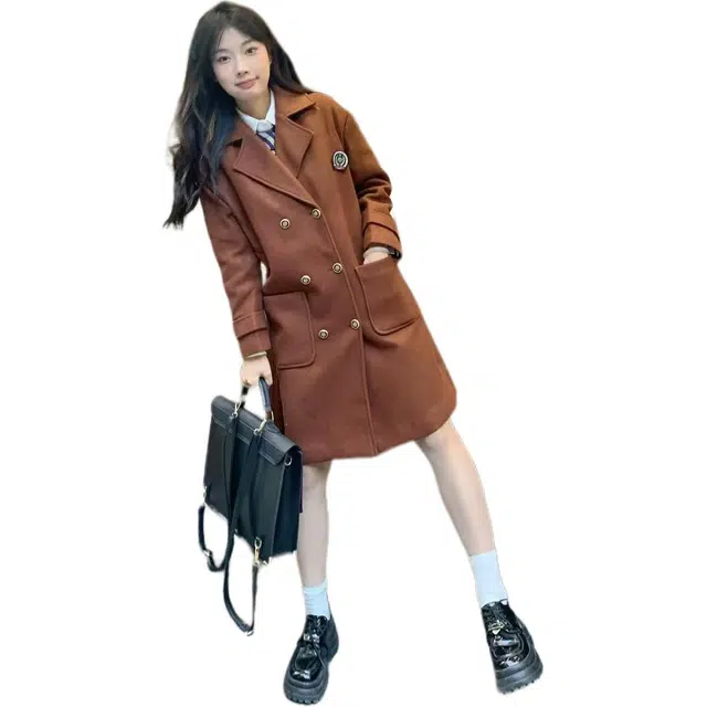 水中花 大衣中长款学院风小个子制服秋冬呢子外套加厚夹棉裙装套装 女款