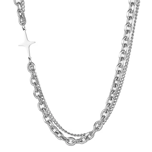 都爵 冷淡风潮轻奢小众嘻哈款双层十字架链粗链简约超百搭 不锈钢 项链 男女同款情侣款