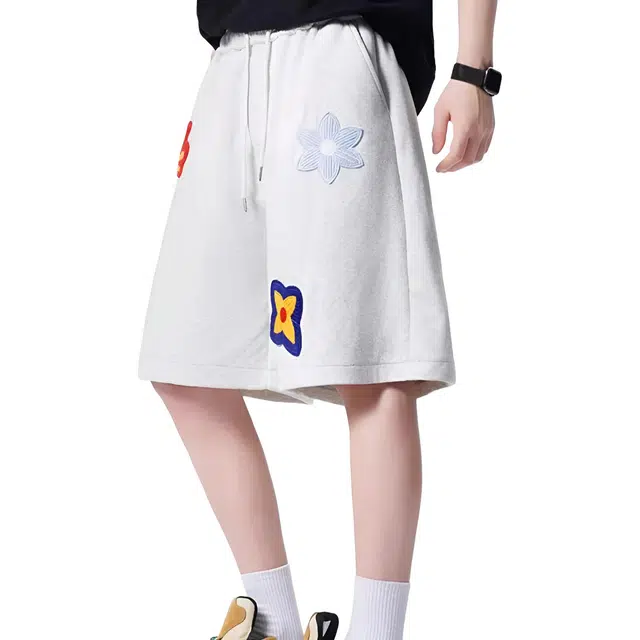 沐诚阳译 美式刺绣潮牌设计感情侣中裤高街宽松运动五分裤子休闲短裤 男款