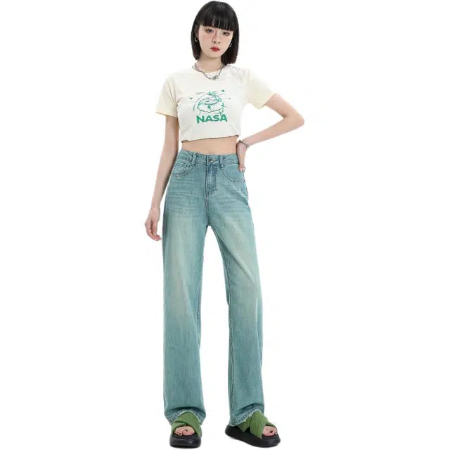 玫丝朵 美式破洞毛边设计高腰垂感阔腿牛仔裤 女款 翡翠绿