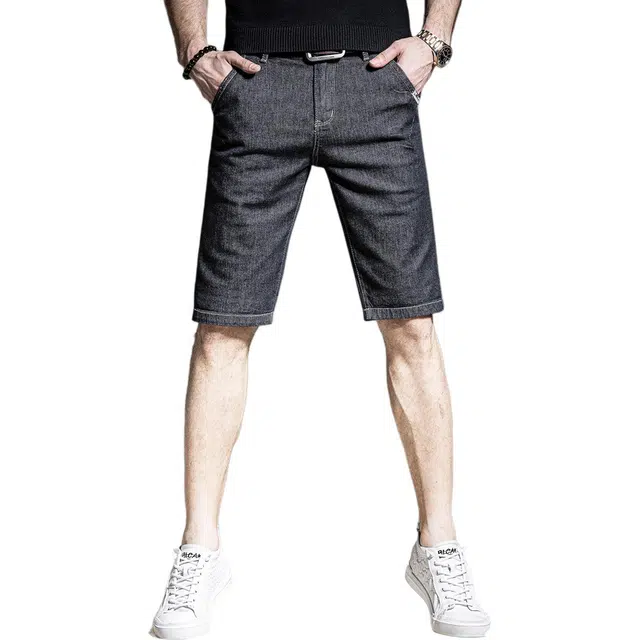 贵色 夏季 休闲宽松百搭时尚舒适五分中腰合身纯色拉链牛仔短裤 男女同款