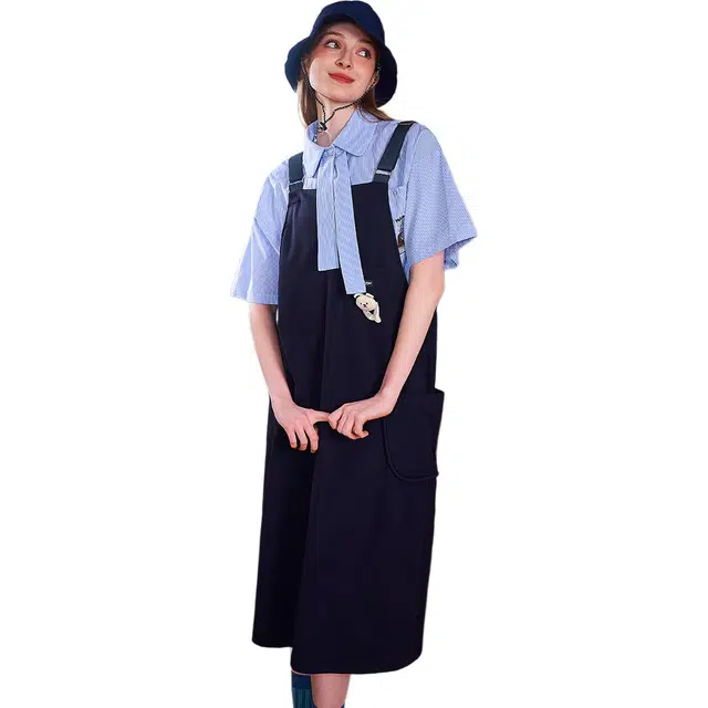 木果果木 夏季甜酷机能工装风纯色动物无袖翻领宽松背带裙吊带连衣裙 女款