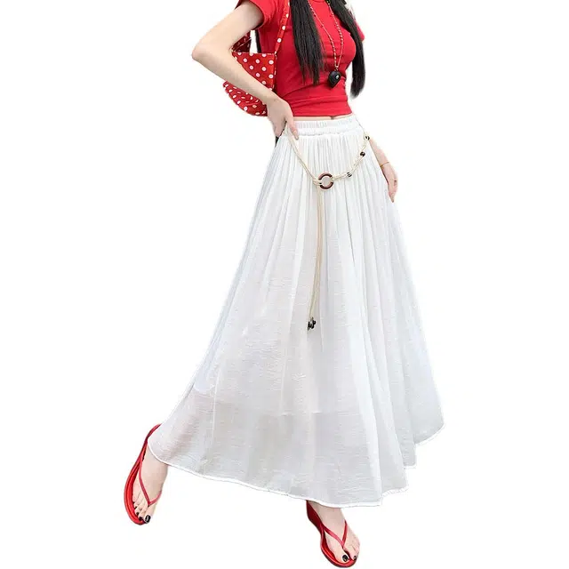 沐晓欣 大摆裙波西米亚度假风百褶裙荷叶边系带时尚休闲长裙 女款