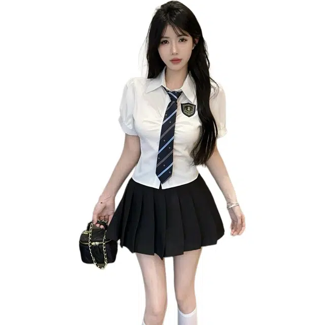 思蓓儿 学院风小清新减龄短袖领带衬衫纯欲高腰百褶裙制服裙装套装 女款