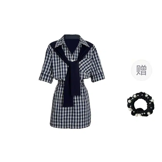 雾闪闪 韩版气质撞色拼接披肩格子收腰显瘦衬衫裙大码时尚短袖连衣裙 女款