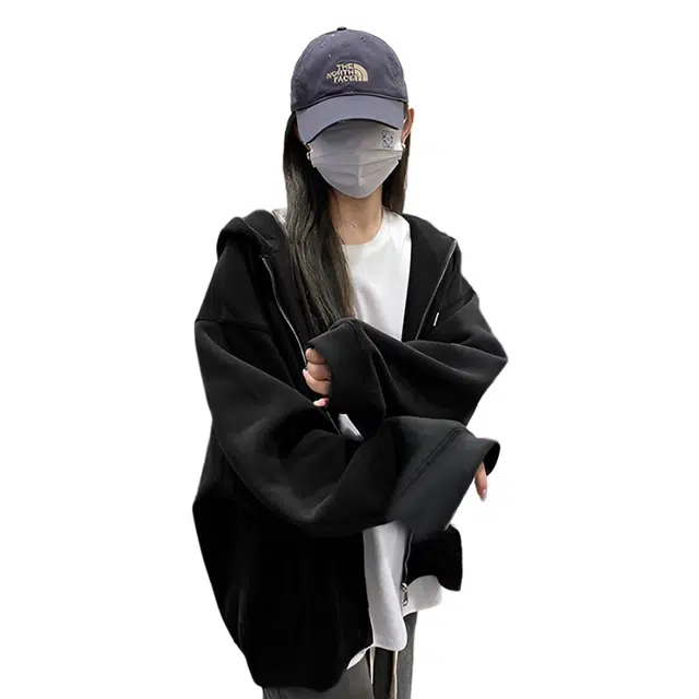 美力城 重磅加绒加厚学院风简约基础款秋冬百搭宽松休闲开衫外套连帽卫衣 女款