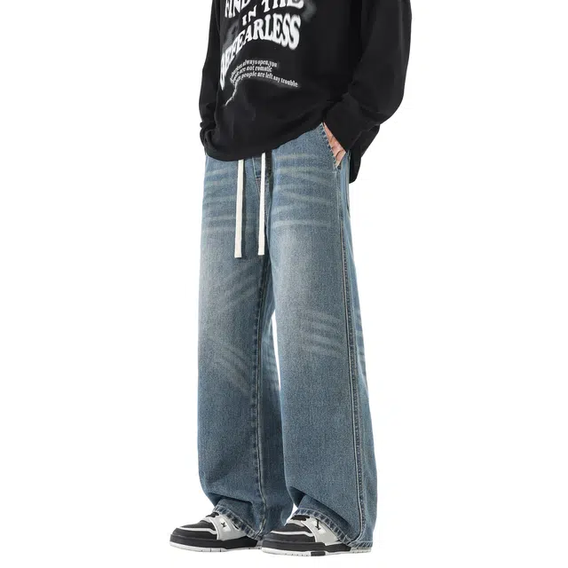 帝狼牛 学院风创意猫须设计感磨白水洗做旧长裤系带中腰宽松直筒牛仔裤 男女同款