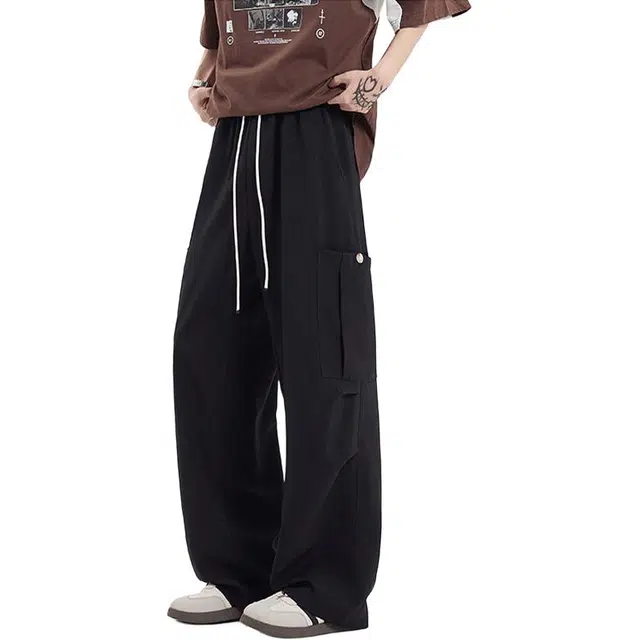 颂希尔 美式高街工装百搭潮牌痞帅直筒中腰宽松纯色系带长裤休闲裤 男女同款