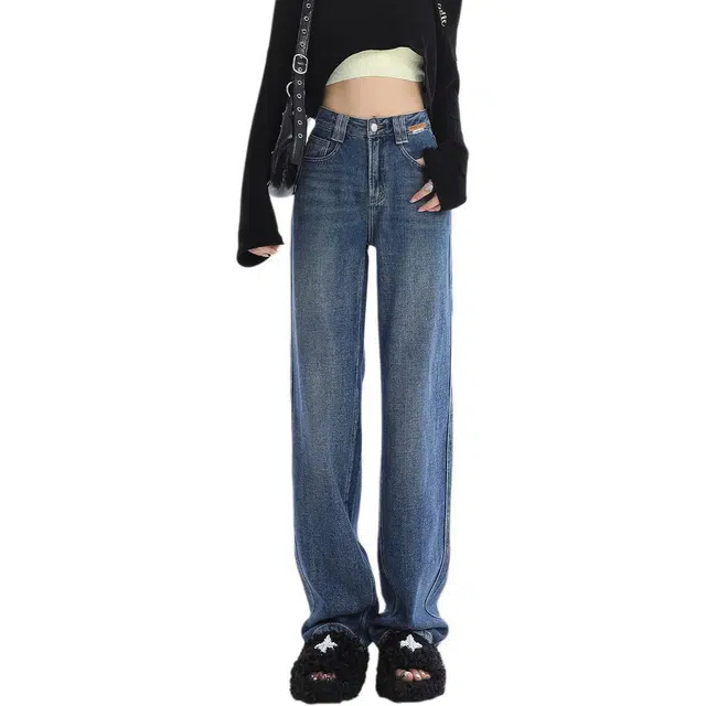 惟熙 小个子女高腰直筒裤垂坠感阔腿拖地长裤牛仔裤 女款 复古蓝