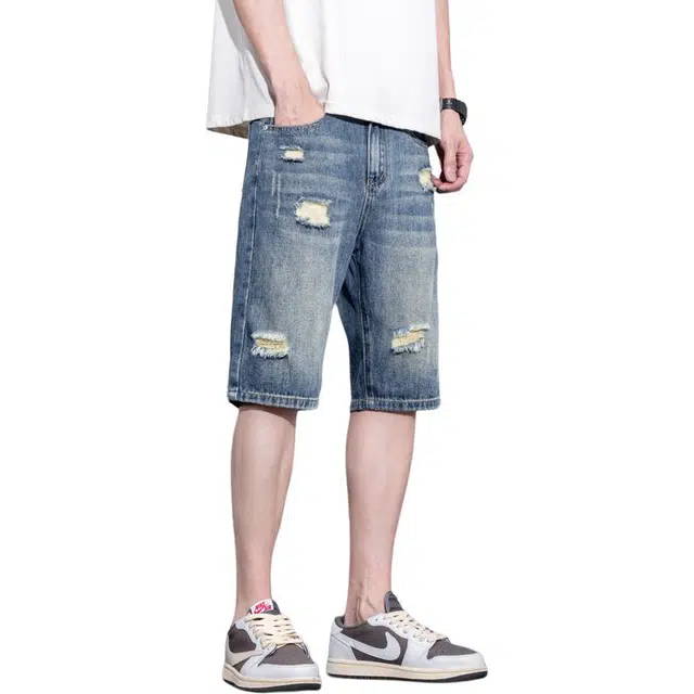 协协乐 破洞薄款美式水洗复古潮牌宽松百搭休闲牛仔短裤 男款