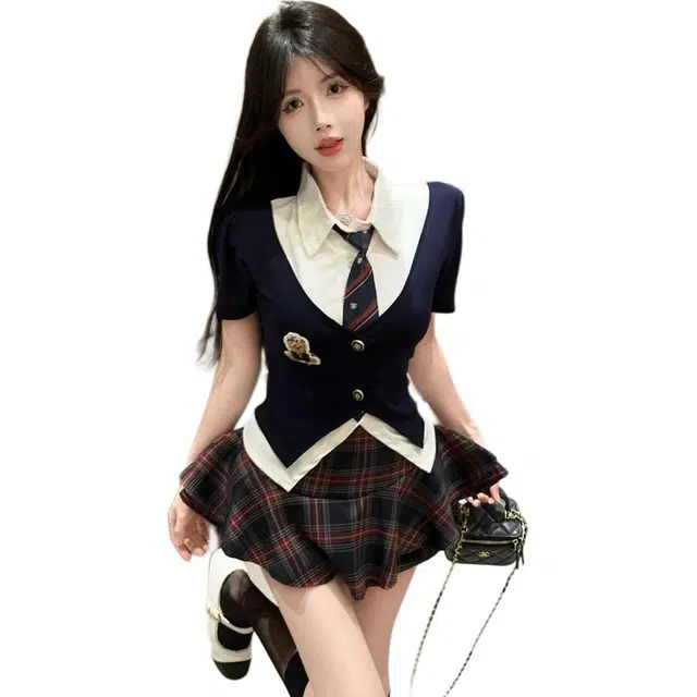 哒头下雨不愁 美式复古学院短袖上衣半身裙制服格纹短裙两件套裙装套装 女款
