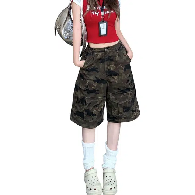 淑好百 美式复古迷彩宽松阔腿裤五分裤百搭小众口袋工装裤牛仔裤女设计时尚高腰直筒舒适多口袋休闲短裤 女款