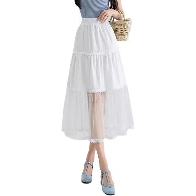 水中花 韩版时尚舒适百搭高腰显瘦拼接遮胯垂感透气休闲长裙 女款