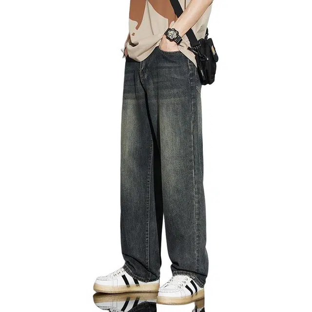 隐狼世家 宽松纯色休闲牛仔裤 男款 复古蓝