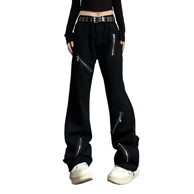 冈哉 美式高街多拉链拼接小众设计纯色基础款嘻哈街头潮流痞帅显高显瘦水洗做旧微喇牛仔裤 男女同款