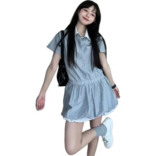 黛尔佳人 法式学院风女小个子收腰气质蓬蓬花苞裙短袖连衣裙 女款