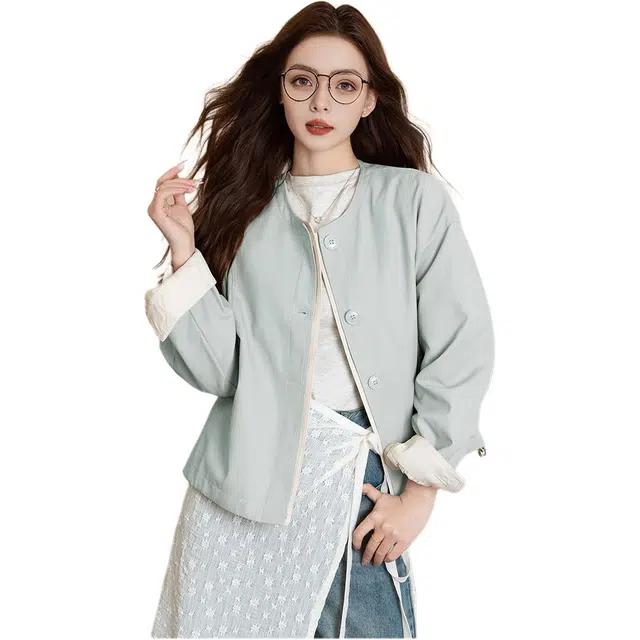 法文箱子 气质圆领单排扣长袖夹克外套 女款