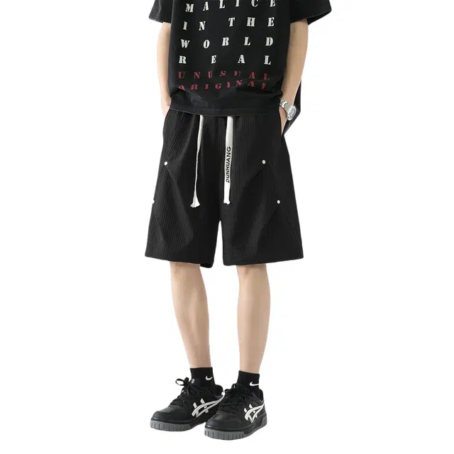 敦煌博物馆 美式复古抽绳系带铆钉褶皱夏季冰丝薄款五分裤户外通勤宽松百搭大码直筒休闲短裤 男女同款