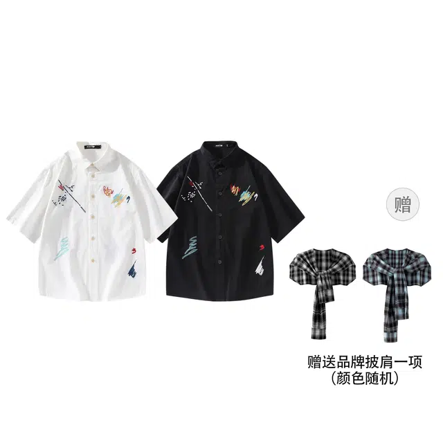 沐诚阳译 美式复古高街风透气百搭落肩短袖衬衫 男女同款