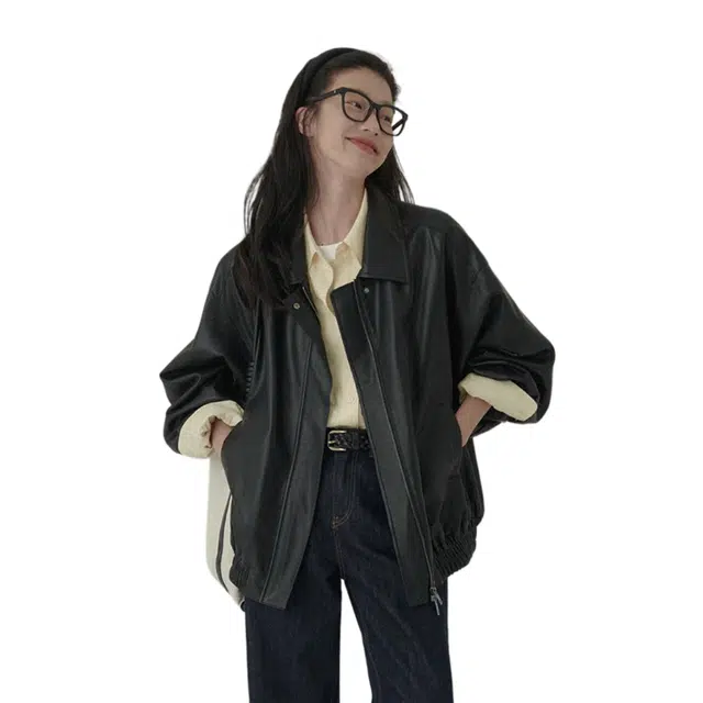 玉儿恋 落肩简约复古百搭垂软皮衣 女款