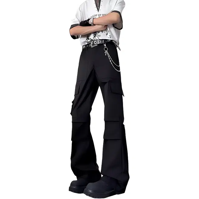 单爵 美式复古褶皱多口袋薄款工装微喇休闲裤 男女同款