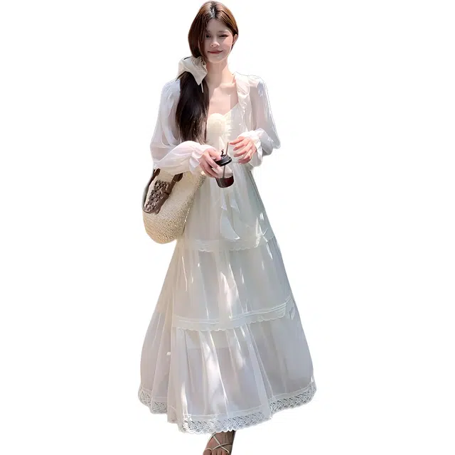 敲模女孩 法式温柔风海边度假修身吊带连衣裙氛围感防晒小披肩裙装套装 女款