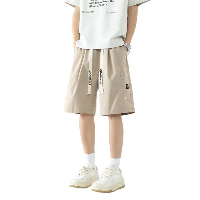 敦煌博物馆 美式复古简约铆钉户外运动大码抽绳系带刺绣宽松直筒工装五分休闲短裤 男女同款