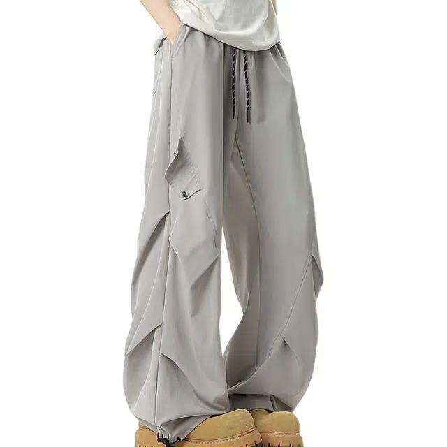 沐诚阳译 美式高街褶皱感冰丝裤子男夏季薄款潮流潮牌宽松直筒男生 休闲裤 男款