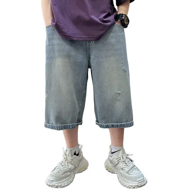 棉致 舒适亲肤破洞简约七分短裤 大童 蓝色