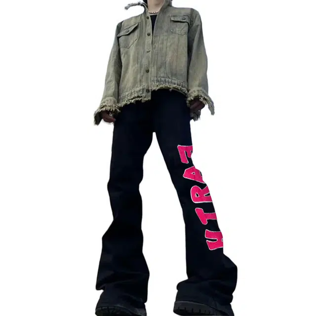 物质公式 植绒贴布绣万针刺绣高级微喇弯刀巴黎神裤美式复古高街水洗做旧废土风字母窄版设计高腰显瘦修身通勤垂感阔腿牛仔裤 男女同款