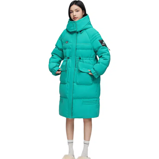 鸭鸭 中长款抽绳收腰连帽羽绒服 女款