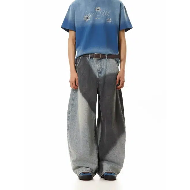 极限涡轮 美式复古水洗做旧不规则扎染潮流宽松街头弯刀裤牛仔裤 男女同款