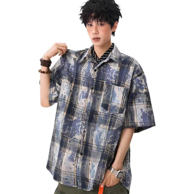 沐诚阳译 美式设计感潮牌宽松痞帅休闲短袖衬衫 男款