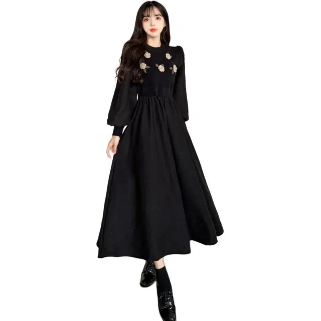 古莲菲 圆领套头简约长袖连衣裙 女款 黑色