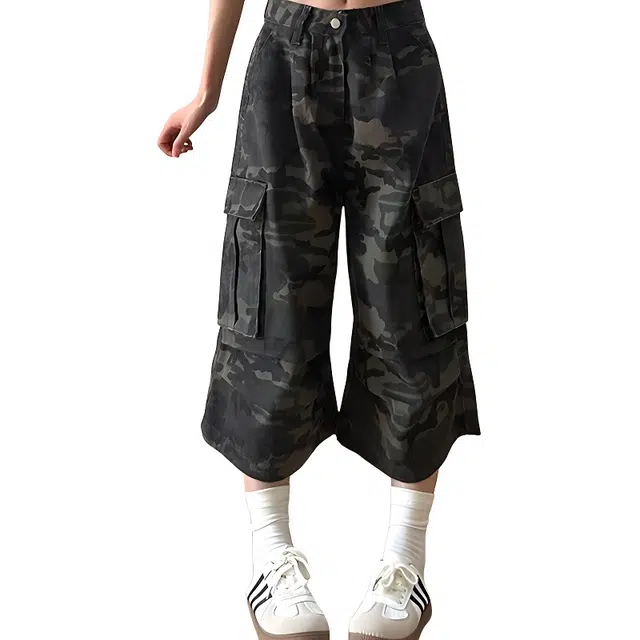 单爵 美式复古迷彩七分裤水洗做旧阔腿工装裤子牛仔短裤 男女同款